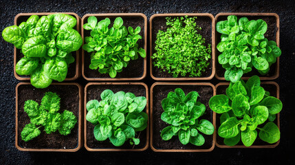 Fresh green vegetables in square pots, showcasing various leafy greens like spinach and lettuce, arranged in neat grid. This vibrant garden display highlights healthy gardening practices