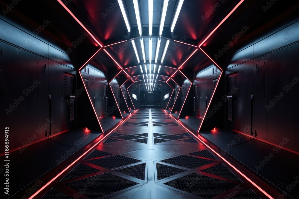 Poster futuristic spaceship corridor with red and white neon lights illuminating the metallic floor and wal