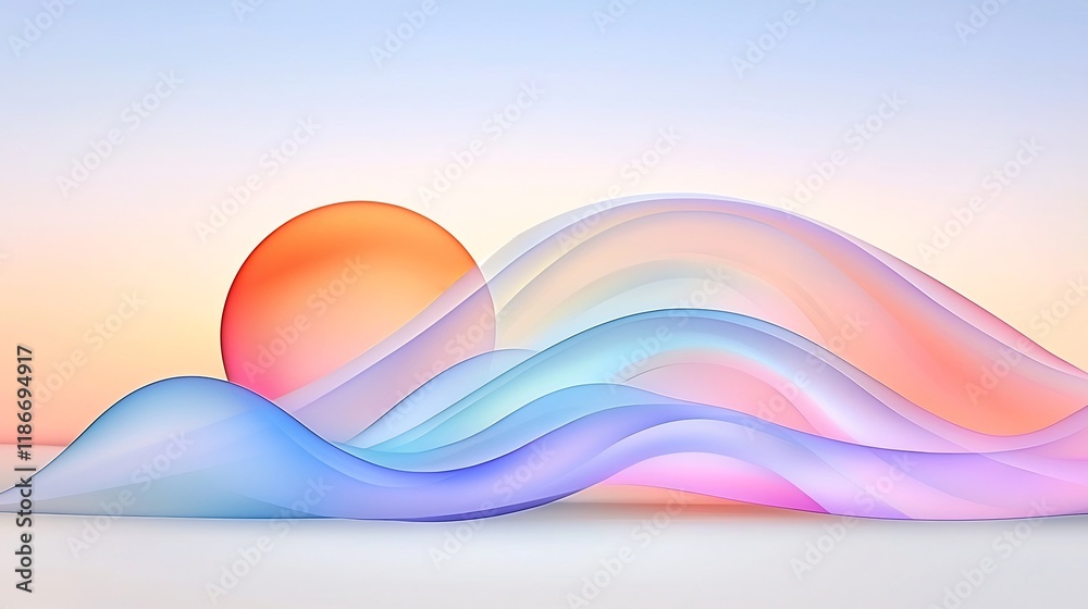 Poster an abstract digital art background featuring ethereal undulating iridescent waves in soft shifting g