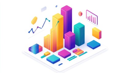 A colorful bar chart clipart, business graph element, 3D isometric illustration, vibrant, isolated on white background 