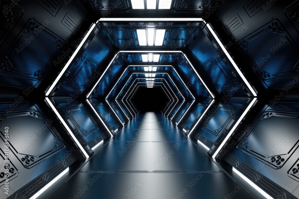Poster futuristic hexagonal corridor with bright white lights and dark blue metallic walls extending to a d