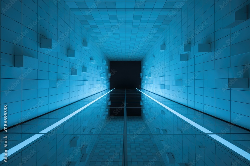 Poster a futuristic, minimalist tunnel with glowing blue lines and reflective floor, creating an infinite p