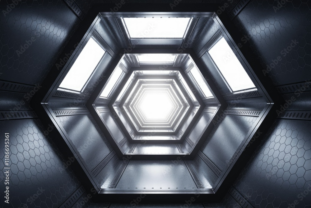 Poster A futuristic hexagonal tunnel with bright lights at the end, creating an illusion of depth and endless space.
