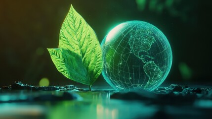 A futuristic representation of a glowing green leaf merging with a transparent holographic globe, with subtle geometric patterns in the background