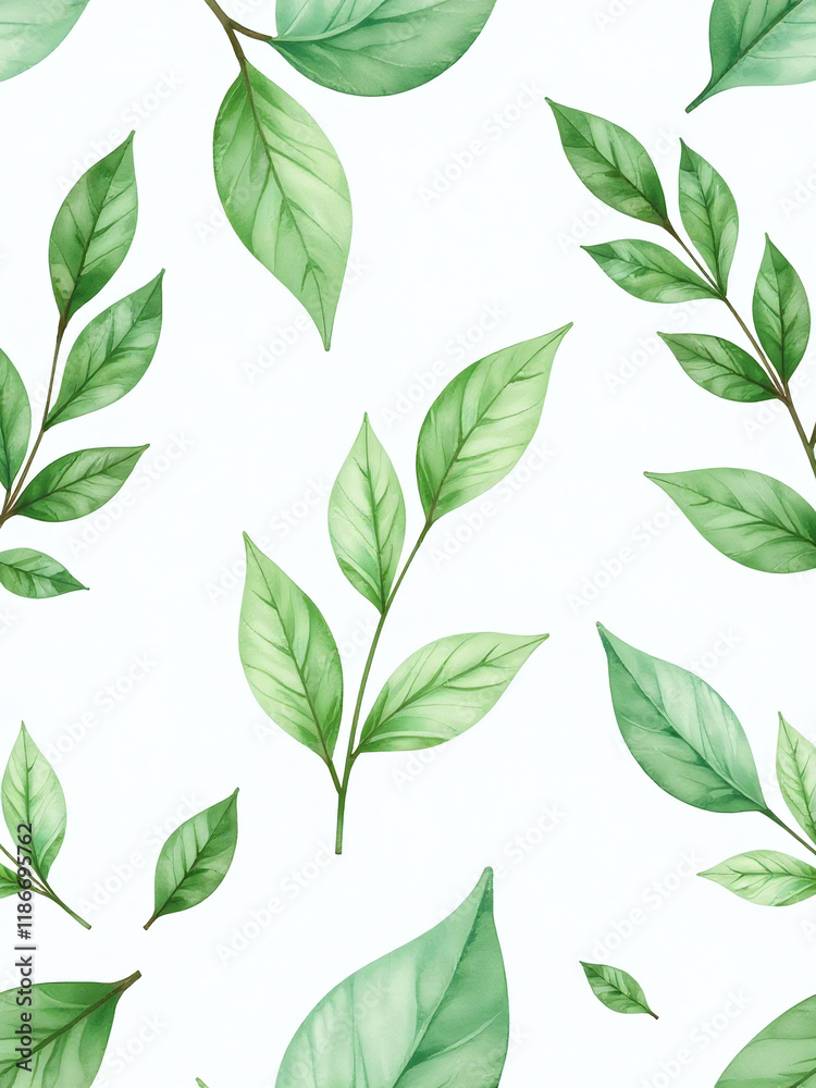 Poster delicate watercolor design featuring green leaves in a seamless pattern isolated against a crisp whi