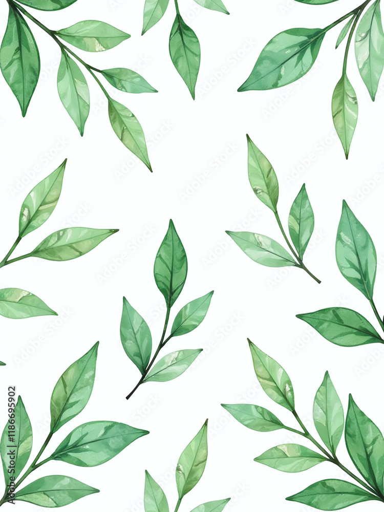 Poster delicate watercolor design featuring green leaves in a seamless pattern isolated against a crisp whi