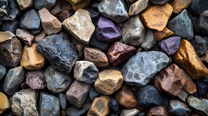 Mixed-color gravel path combines gray, brown, and purple stones, displaying natural rough textures and detailed mineral surfaces in outdoor garden pathway setting.