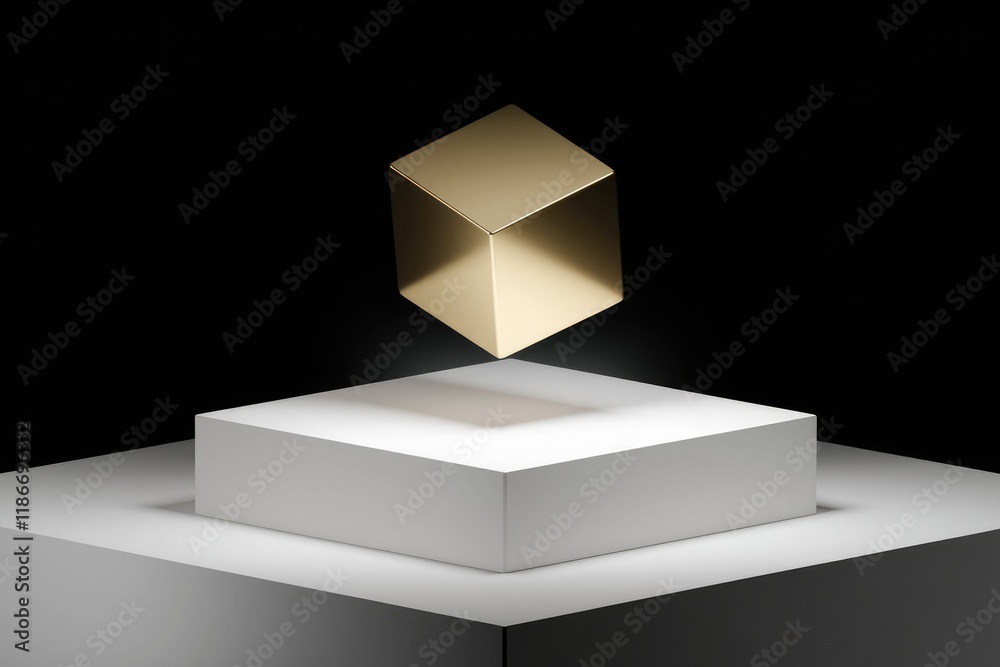 Poster a gold cube hovers above a white platform, creating a minimalist, elegant display.