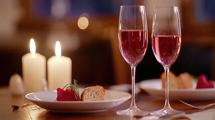 Naklejka premium Romantic Dinner Setting with Rose Wine Candles and Appetizer