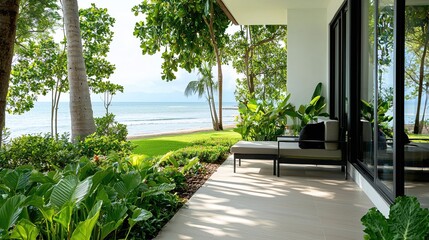 Naklejka premium Tropical Beachfront Patio Luxury Resort Relaxation