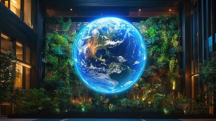 Naklejka premium A high-tech real estate expo with a glowing Earth sphere centerpiece, surrounded by glass-and-metal structures