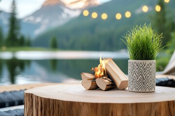 Tranquil Lakeside Fire Pit Scene with Mountain View and Potted Grass