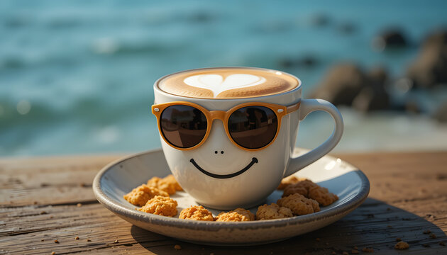 Happy coffee cup with sunglasses on beach.