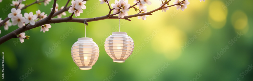 Poster Delicate Paper Lanterns Suspended From A Blooming Tree Branch Against A Serene Green Bokeh Nature Background With Soft Focus Effect. 00001