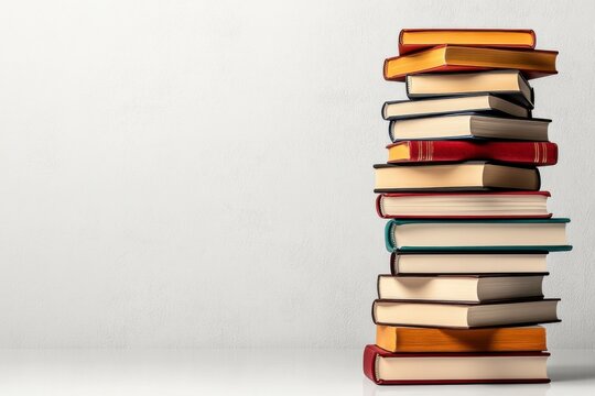 Tower of Knowledge: A towering stack of colorful hardback books stands tall against a minimalist background, symbolizing the wealth of knowledge and the endless possibilities of learning.