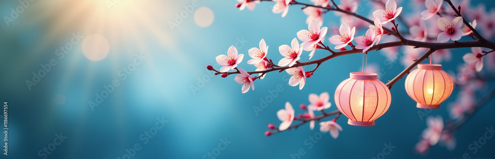 Wall mural Delicate Paper Lanterns Adorn A Blooming Tree Branch, Set Against A Serene Blue Bokeh Nature Background With Gentle Morning Light. 00003