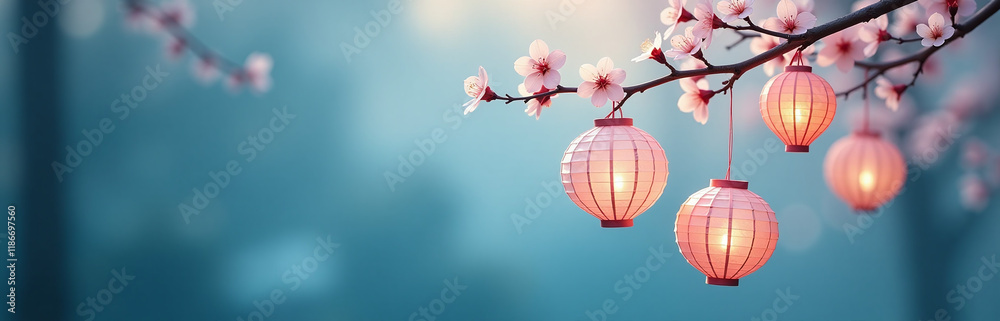 Wall mural Delicate Paper Lanterns Adorn A Blooming Tree Branch, Set Against A Serene Blue Bokeh Nature Background With Gentle Morning Light. 00002