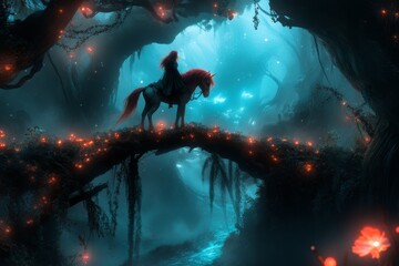 Obraz premium A unicorn standing on a rainbow bridge that arches over a sparkling valley filled with glowing trees and flowers