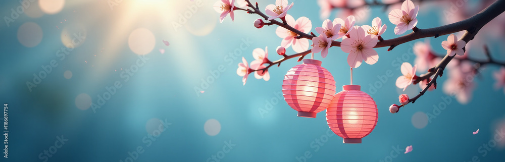 Poster delicate paper lanterns adorn a blooming tree branch, set against a serene blue bokeh nature backgro