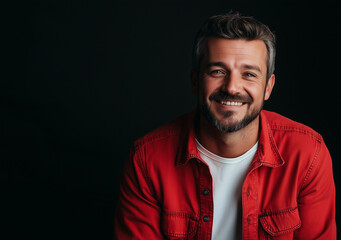Fototapeta premium Portrait of a happy man in a denim shirt and white t-shirt, looking at the camera and smiling, isolated on a black background.
