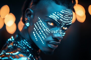A UV lens capturing glowing tattoos on a performer in a dark club, with neon patterns vividly displayed