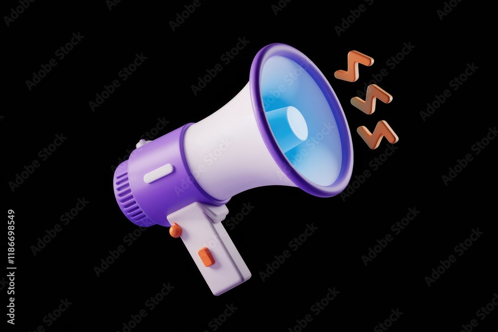 Poster A 3D model of a purple megaphone, broadcasting a message with sound waves.