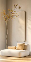 Cozy minimalist interior with a unique couch and autumn tree in a warm bright space