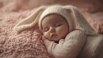 Sweet baby sleeping peacefully in cozy knitted bunny hat on plush blanket