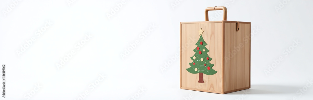 Poster Decorated Wooden Wine Box With Handle Featuring A Festive Christmas Tree Design Isolated On A Clean White Background For Clipping Path Use. 00003