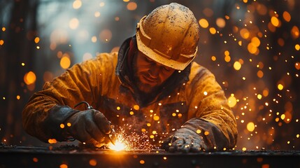 Welder working diligently amidst flying sparks