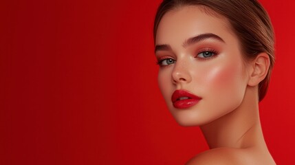 Fototapeta premium Red Hot Glamour: A stunning portrait of a woman with striking blue eyes and full red lips, set against a vibrant red background.