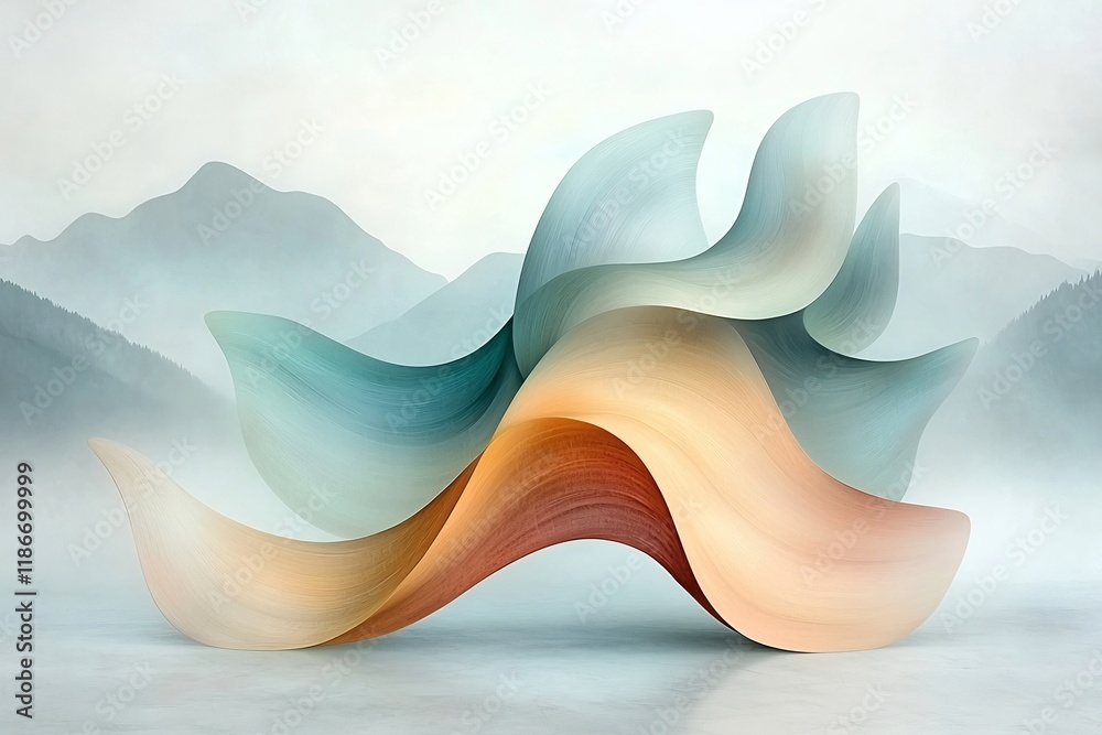 Poster ethereal iridescent waves cascading through a misty mountainscape with an intricate fractal like pat