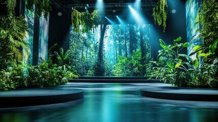 Fototapeta premium A modern event stage featuring an eco-tech product, dynamic projections of environmental elements like forests, oceans, and clouds