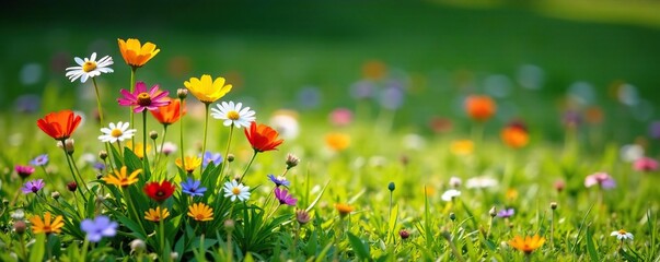 A small patch of colorful wildflowers in a shaded meadow, flower arrangement, colorful, green background