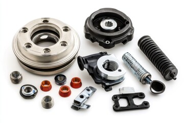 Close-up shot of motorcycle parts on a white surface, ideal for automotive or mechanic-themed illustrations