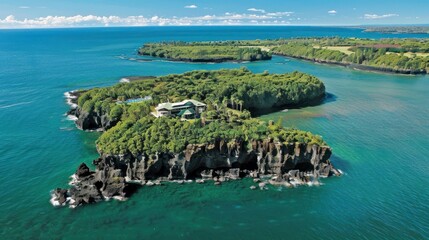 Aerial view of a lush, secluded island with a house, surrounded by clear turquoise ocean.