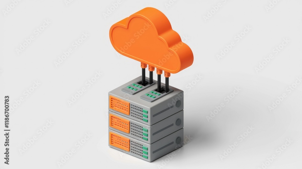 Poster Cloud computing data storage illustration:  Orange cloud connected to server racks.