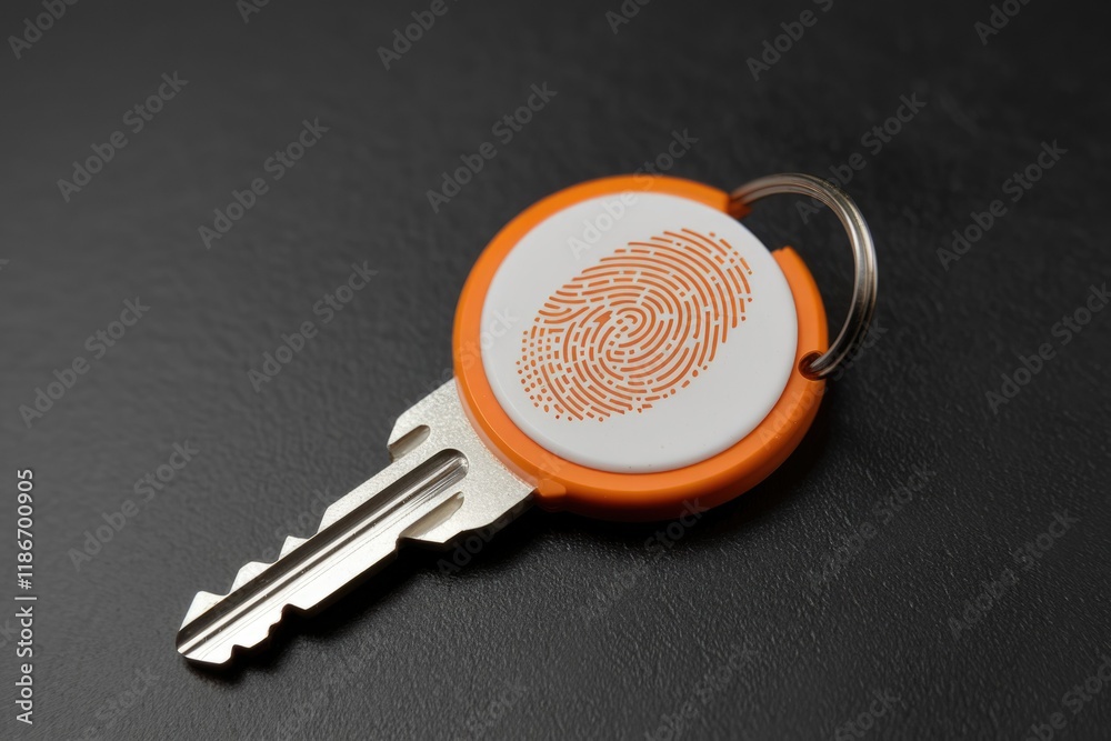 Poster an orange key with a fingerprint design on its head, symbolizing biometric security.