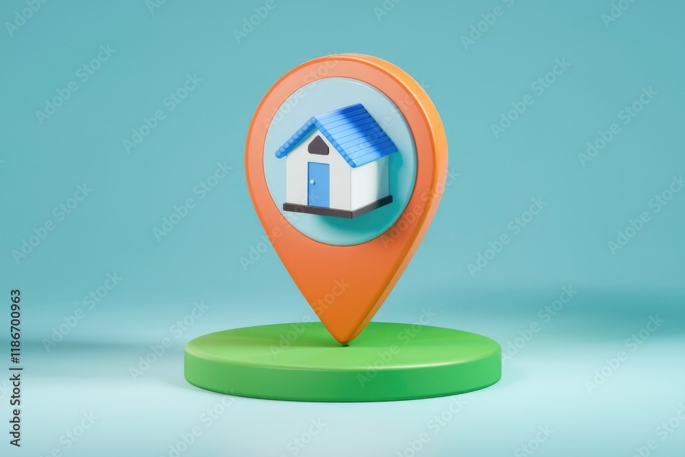 Poster A 3D rendering of a house icon on a location pin, symbolizing property location.