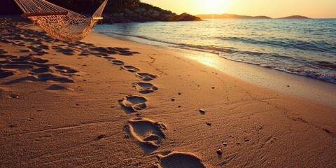 Sandy beach with footprints leading to a peaceful hammock