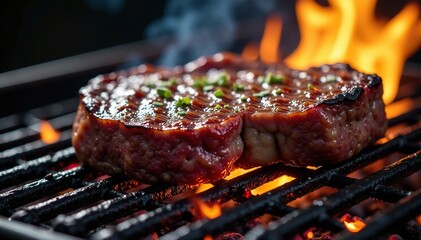 Charred bison ribeye on grilled surface with sparks and embers, cooking, smoke