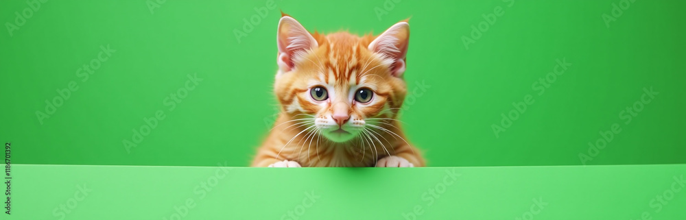 Aufkleber Cute Ginger Kitten Is Displayed Above A Green Banner On A Green Background, Generated By An Artificial Intelligence Algorithm. 00003
