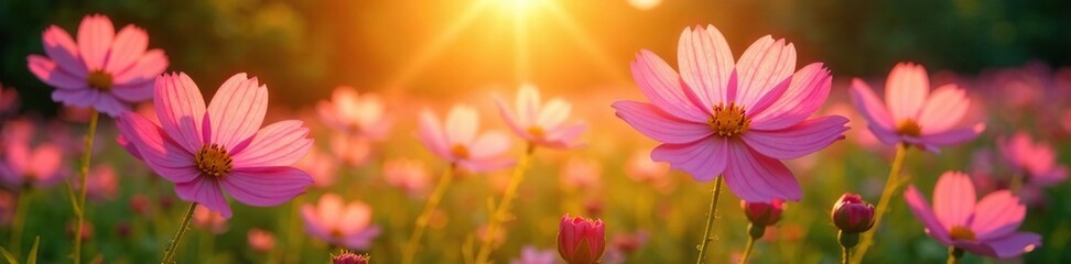 Cosmos flowers radiate soft glow in morning's warm light, flower power, natural wonder