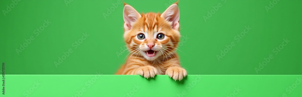 Aufkleber Cute Ginger Kitten Is Displayed Above A Green Banner On A Green Background, Generated By An Artificial Intelligence Algorithm. 00001