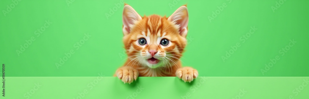 Aufkleber Cute Ginger Kitten Is Displayed Above A Green Banner On A Green Background, Generated By An Artificial Intelligence Algorithm. 00002
