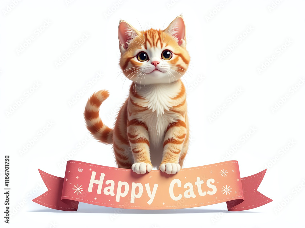 Aufkleber Cute Cat Stands Alone Above A Colorful Banner On A White Background, Generated By An Artificial Intelligence Algorithm. 00001