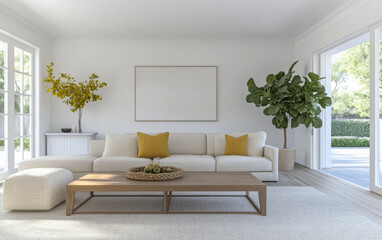 Fototapeta premium Modern living room design featuring light colors and natural decor elements