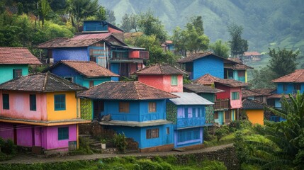 Obraz premium Colorful Houses on a Hillside in India