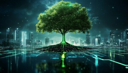 The fusion of nature and technology showcased through neon-rooted trees.