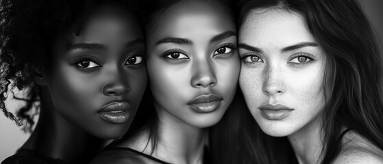 Obraz premium Women of different races - Asian, African American and European - stand in an embrace. The photo conveys the unity and love of women regardless of race